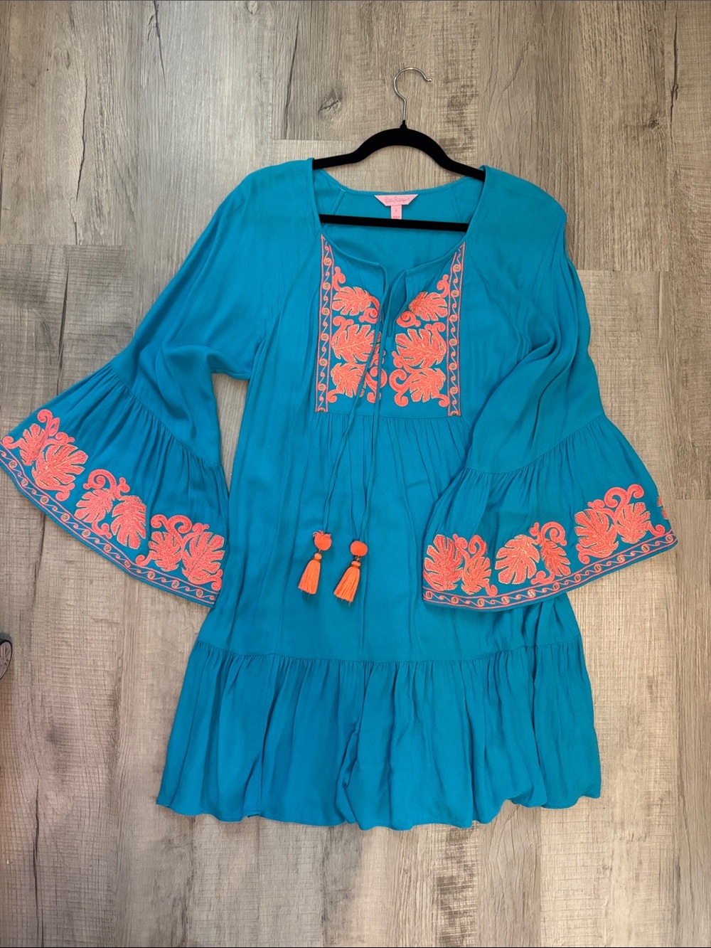 Lilly Pulitzer Amisa Tunic dress Sparkling blue, w/Gold& Coral Embroidery